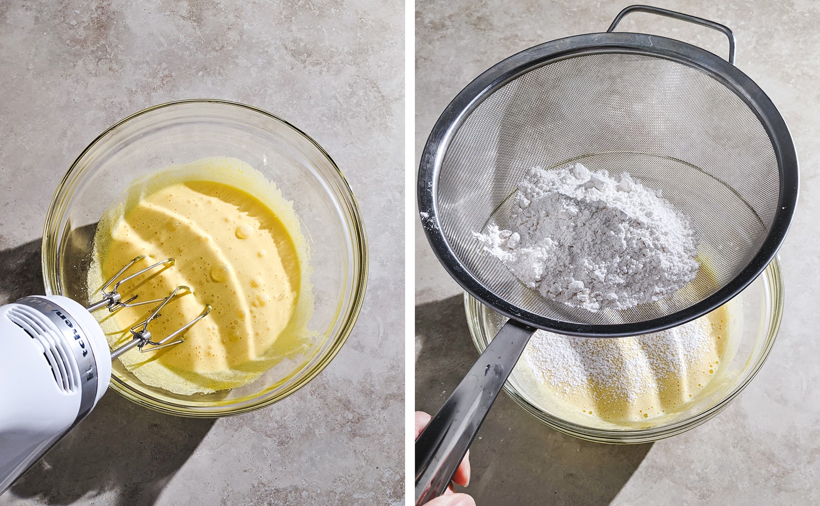 Two image collage of mixing and sifting flour into egg yolk mixture.