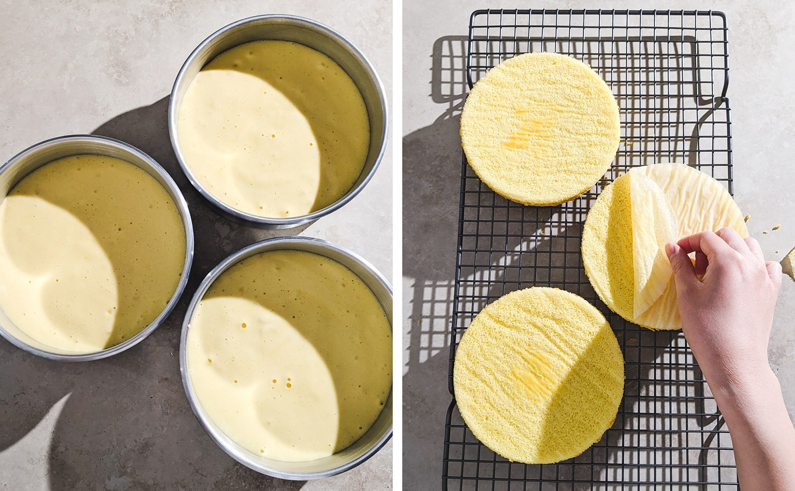 Two image collage of 3 pans of chiffon cakes before and after baking.