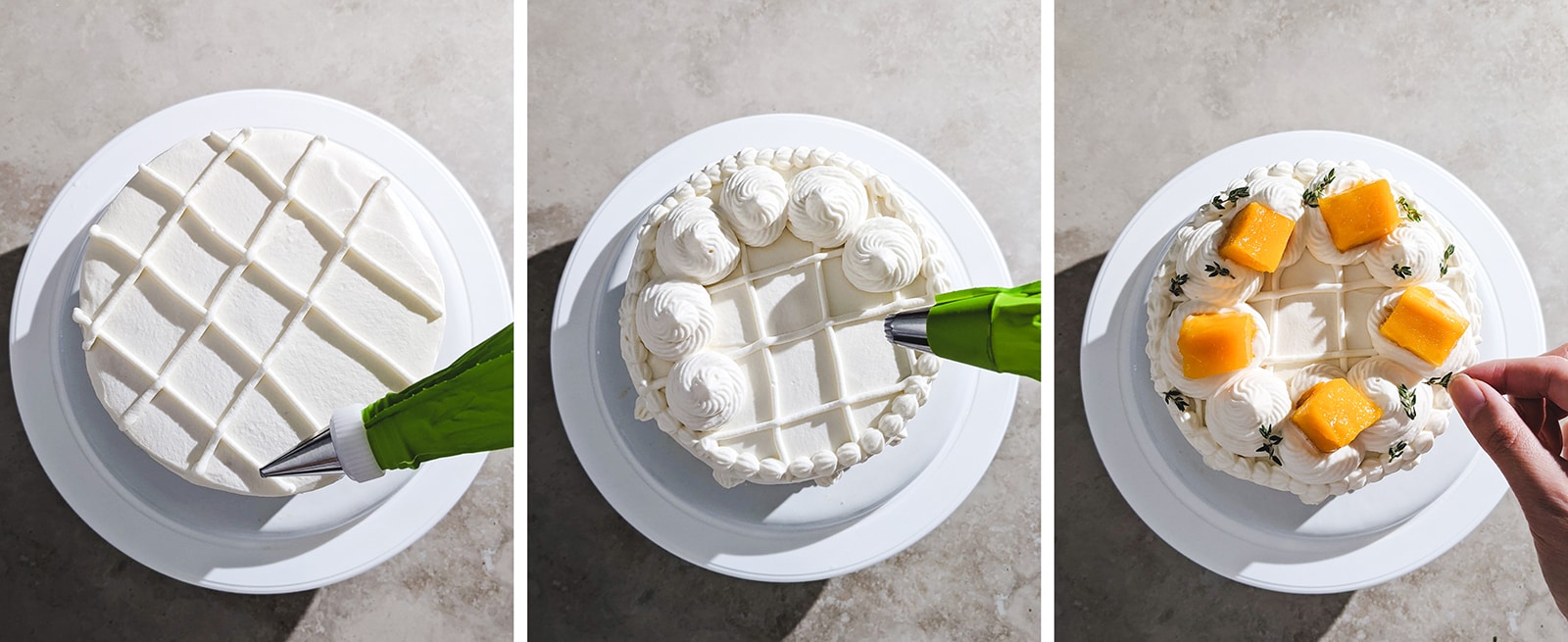 Three image collage of decorating cake with whipped cream stripes, swirls, and garnishing with mangoes.