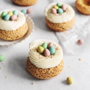 Mini egg cream puff with mini eggs scattered around