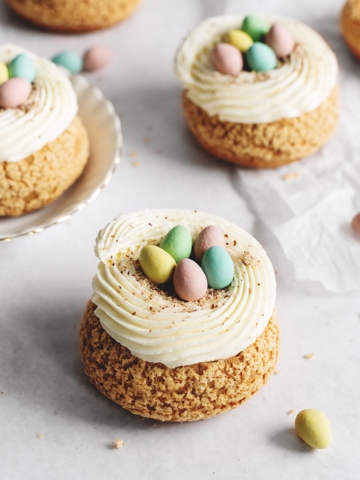 Mini egg cream puff with mini eggs scattered around
