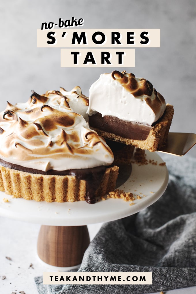A slice of sโmores tart being lifted up with text overlay that says โno-bake sโmores tartโ