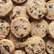 A tray of ruby chocolate shortbread cookies