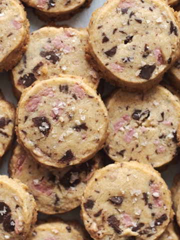A tray of ruby chocolate shortbread cookies