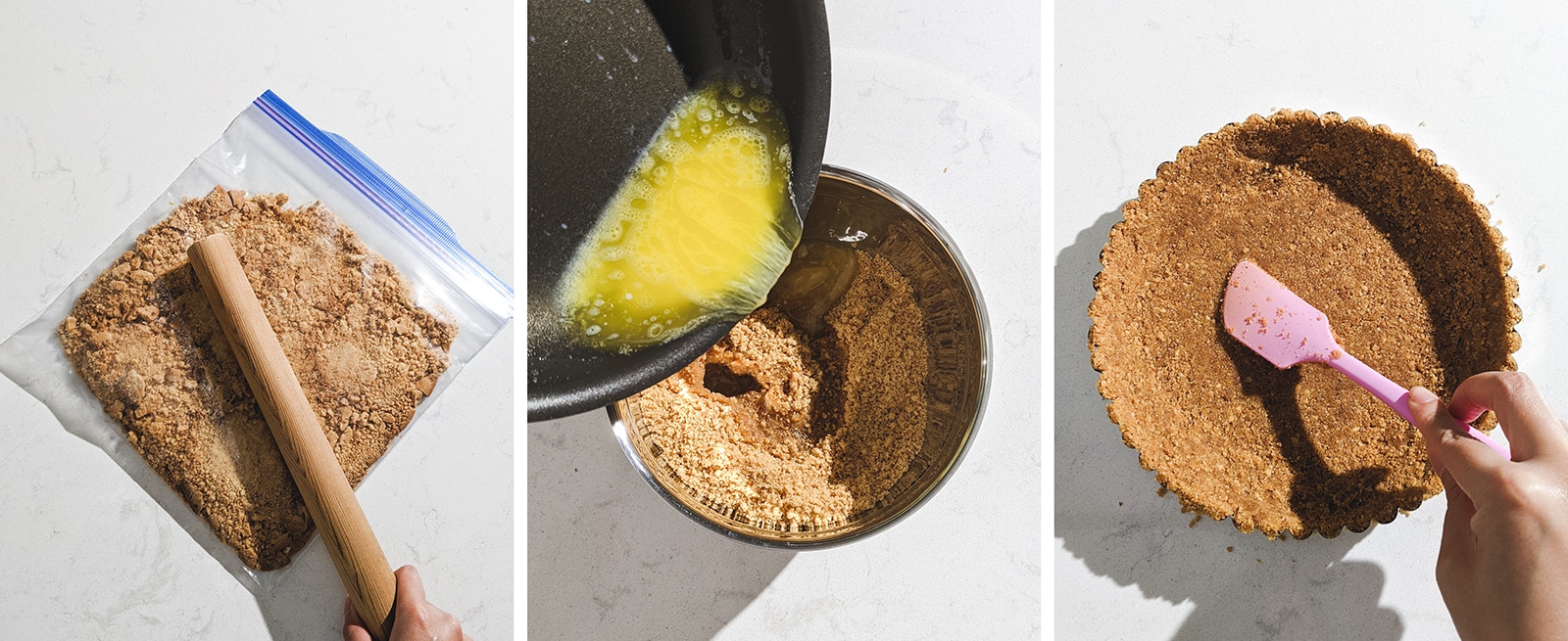 3 image collage of crushing graham crackers and pressing the into tart pan.