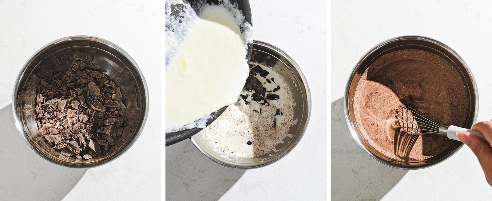 3 image collage of pouring hot cream into chocolate to make ganache.
