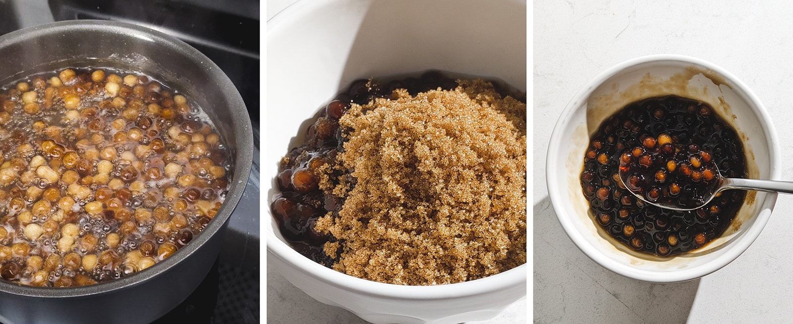 Cooking tapioca boba pearls in a pot and mixing them with brown sugar in a bowl.
