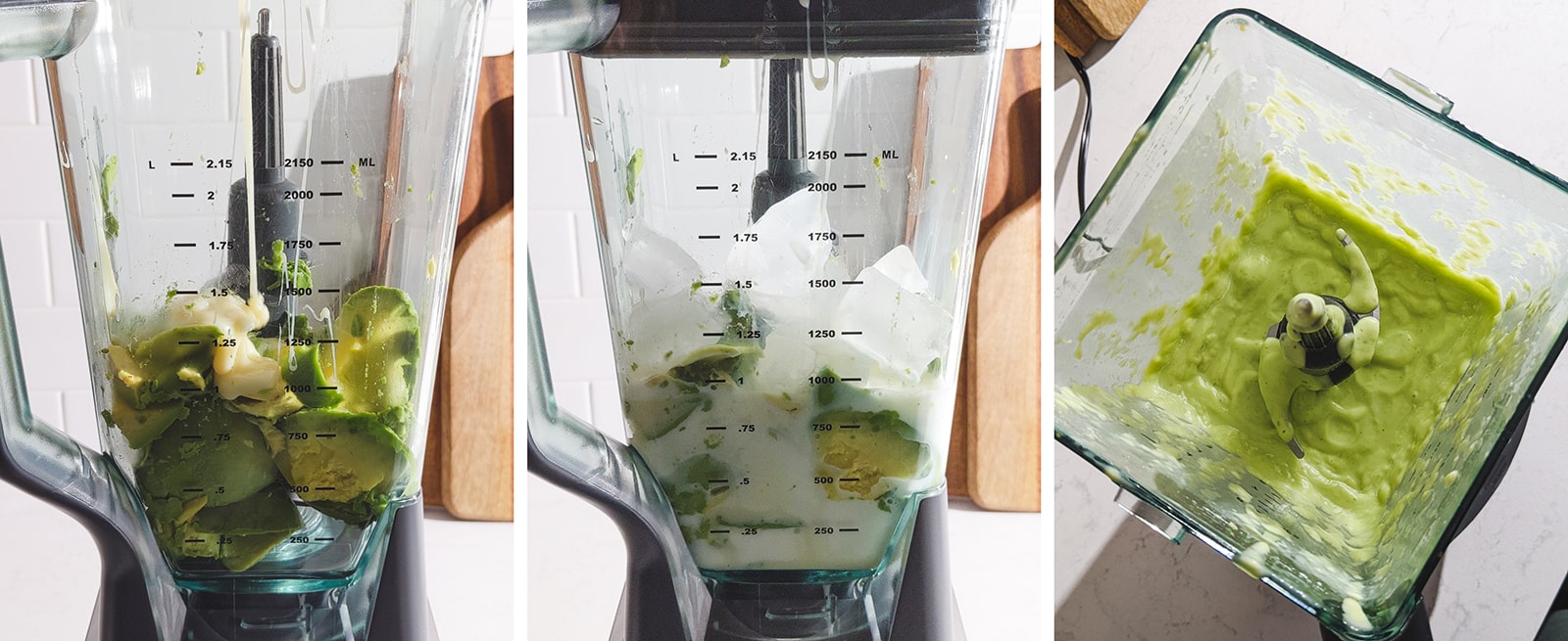 Blending avocado, condensed milk, milk, and ice in a blender.