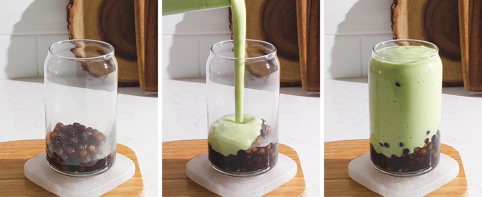 Three image collage of a glass first filled with tapioca pearls and then with avocado smoothie.