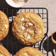 Biscoff stuffed cookie on a wire rack.