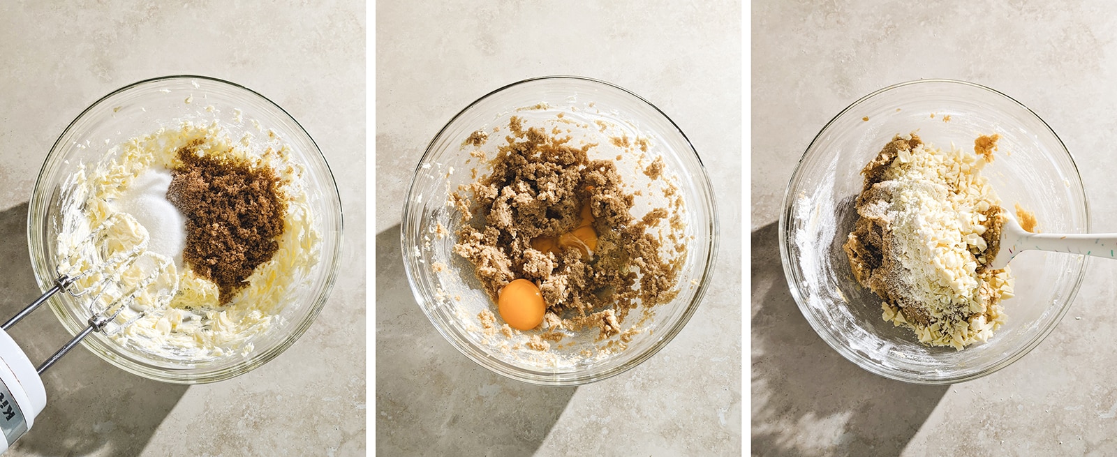 Mixing ingredients for cookie dough in a bowl.