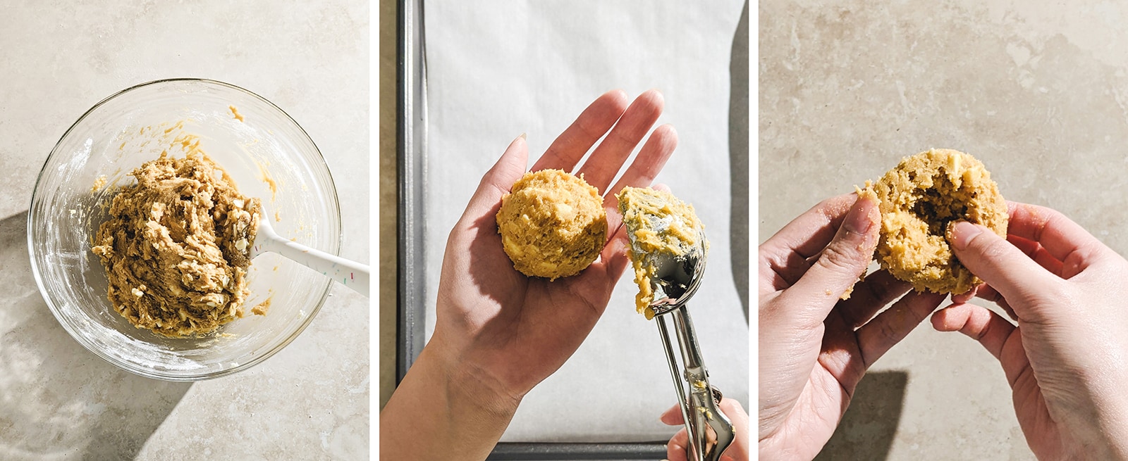 Scooping cookie dough into hands and pressing a hole in the middle.
