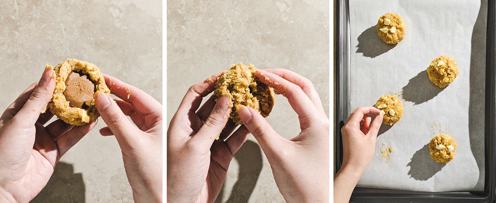 Placing a ball of biscoff spread in the middle of a cookie and topping with white chocolate chunks.