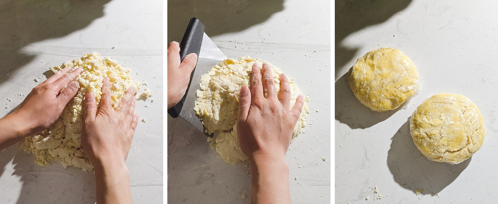 Pressing and shaping pie dough into discs.