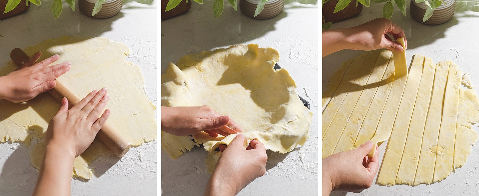 Rolling out pie dough, placing it into a pie dish, and cutting out strips.