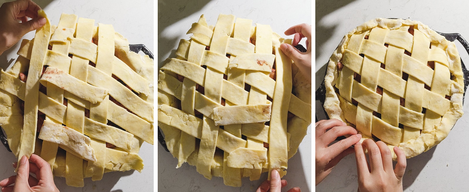 Weaving a pie dough lattice and folding over the edges of the dough.