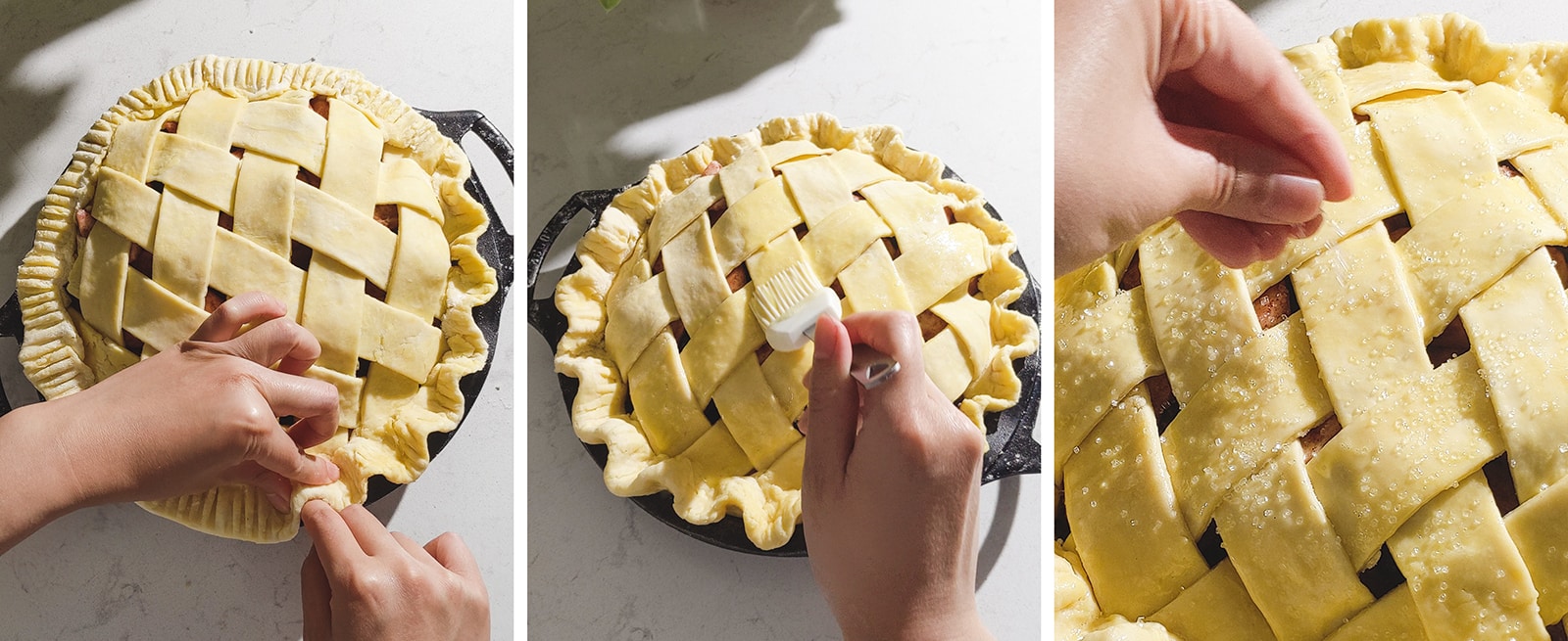 Crimping a pie crust, brushing pie with egg wash, and sprinkling with coarse sugar.