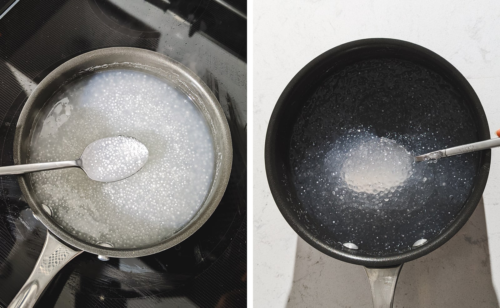 Pouring tapioca pearls into a pot and cooking until translucent.