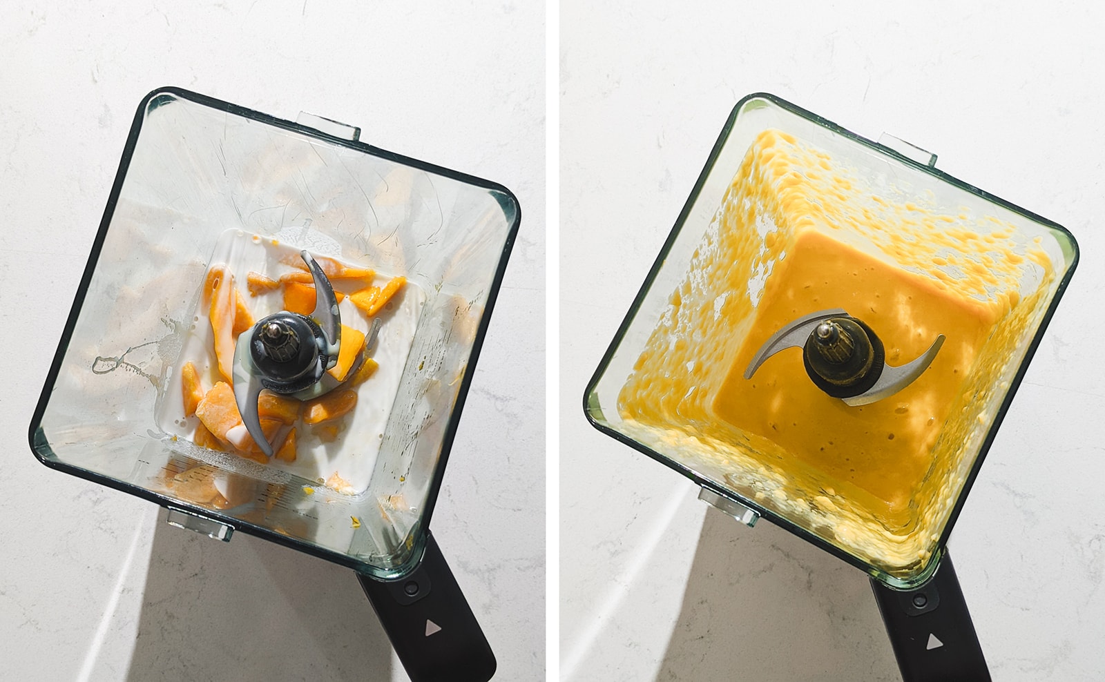 Blending mangoes and coconut milk together in a blender.