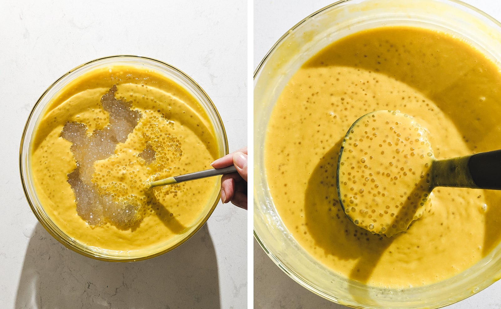 Mixing tapioca sago pearls and mango mixture together in a bowl.