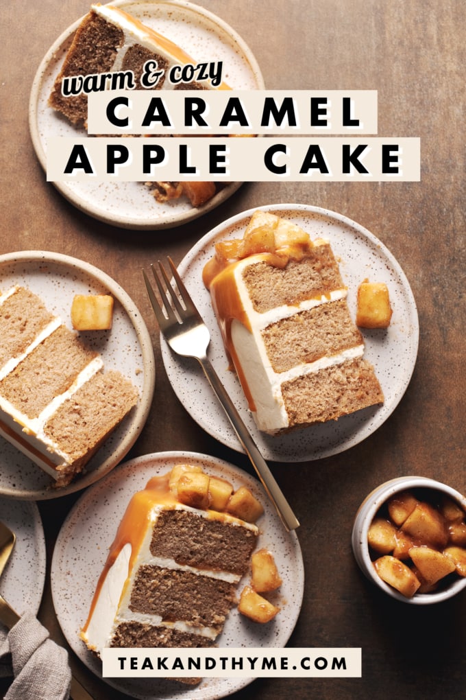 Several plates of caramel apple cake slices.