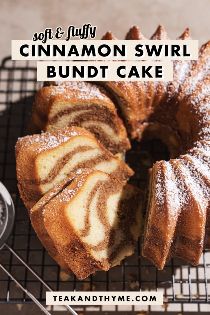 Slices of bundt cake with brown cinnamon swirls against vanilla cake.