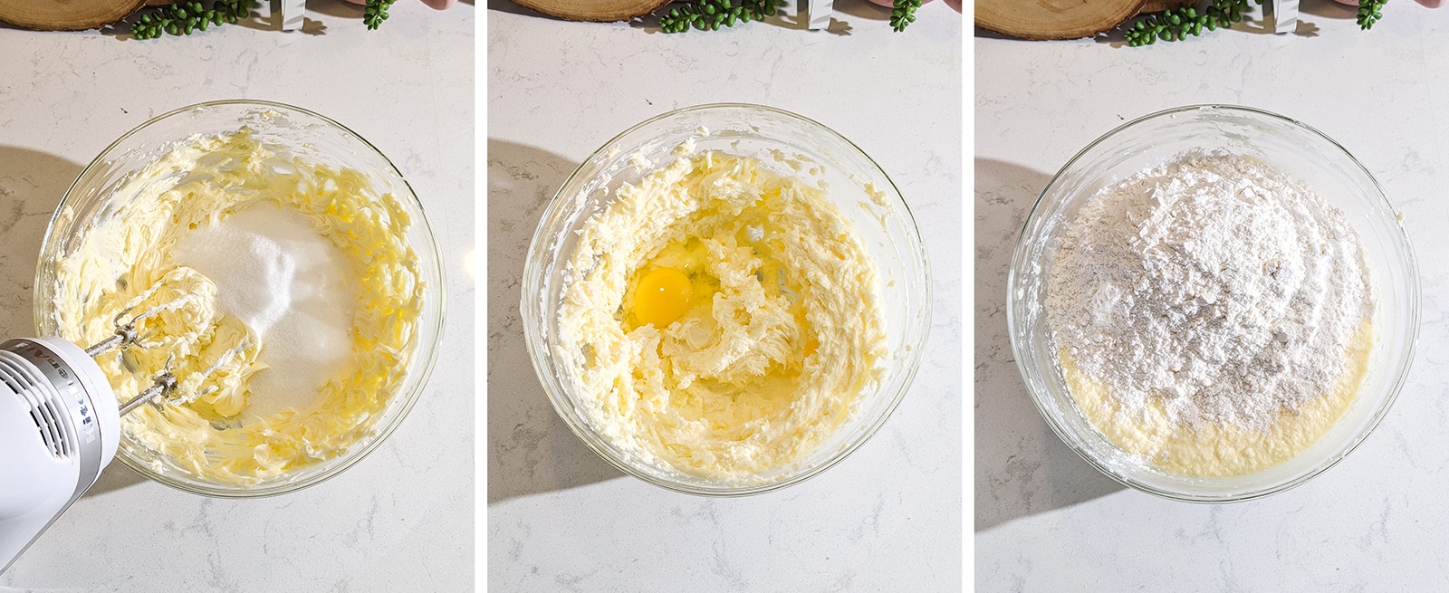 Mixing sugar, eggs, and flour into cake batter in a bowl.