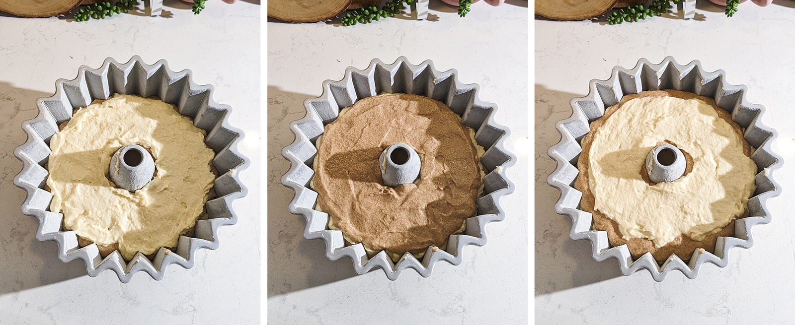 Layers of vanilla and cinnamon sugar cake batter in a bundt pan.