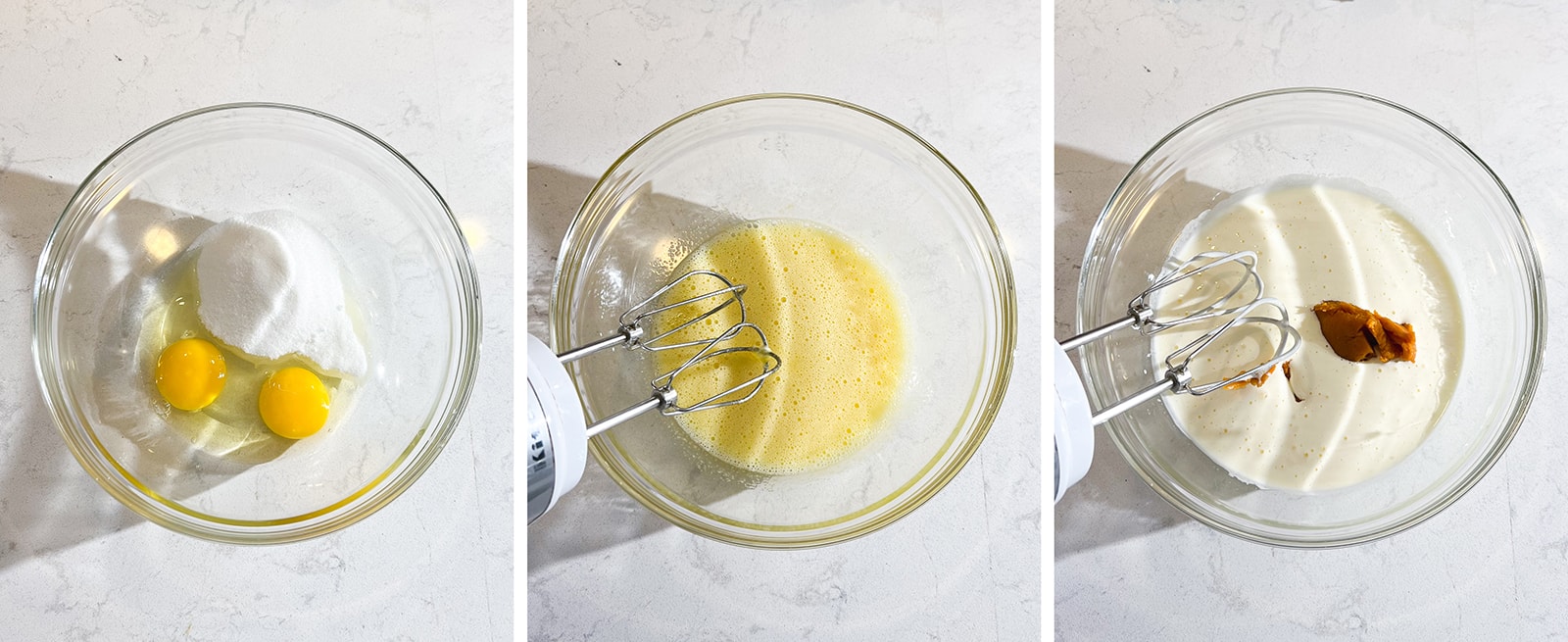Whipping eggs and sugar in a mixing bowl until pale and thick.