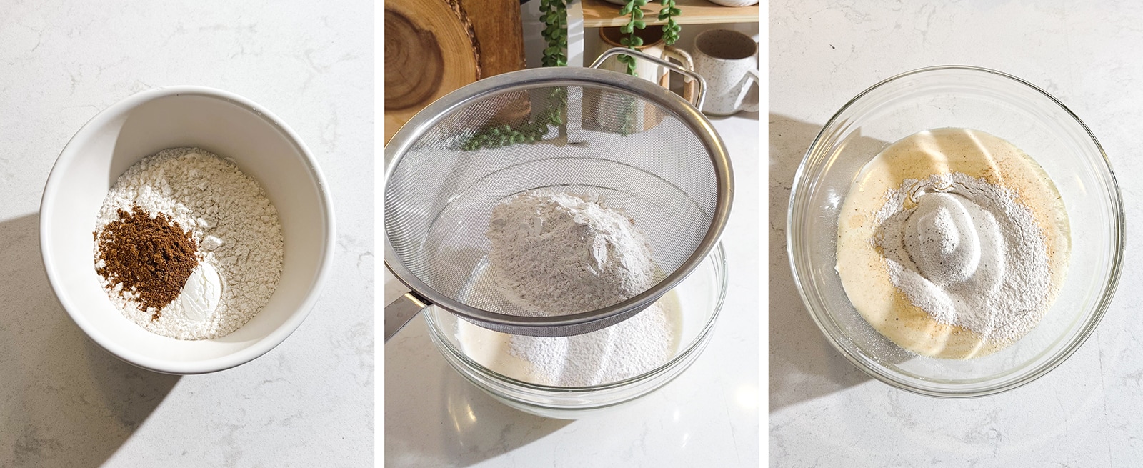 Sifting flour into egg mixture.