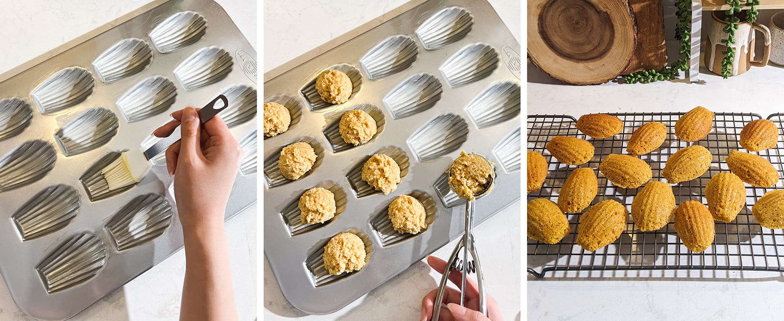 Scooping batter in madeleine pan and baked madeleines on cooling rack.