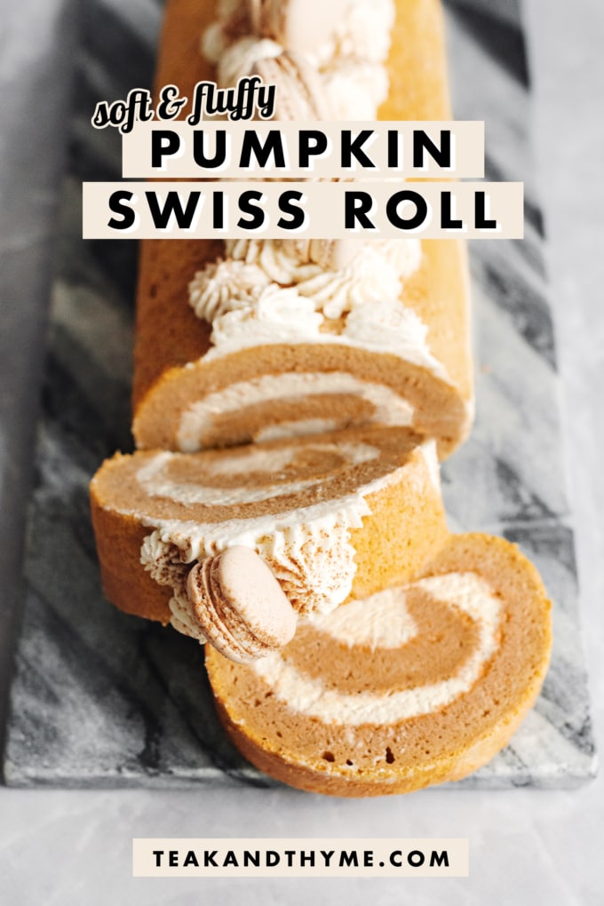 Slices of pumpkin swiss roll cut and laying on top of each other.