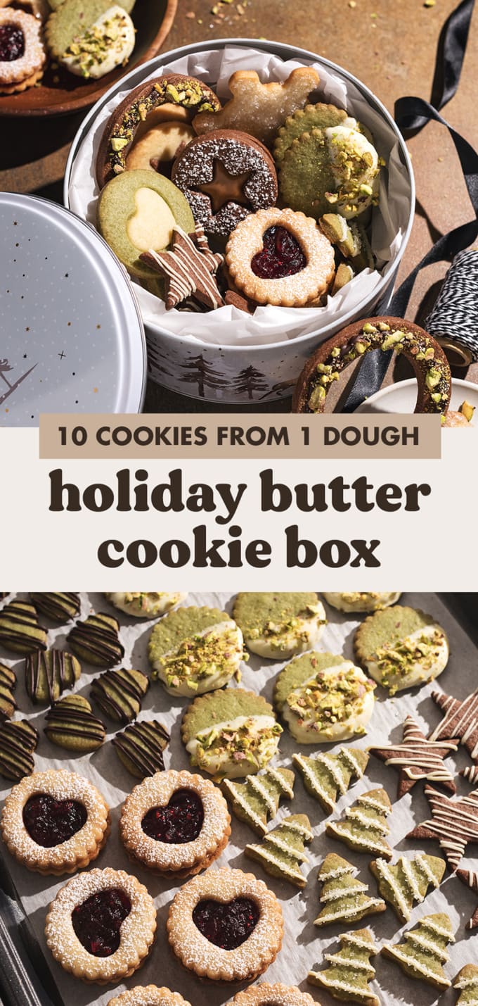 Cookie box filled with assorted decorated holiday butter cookies.