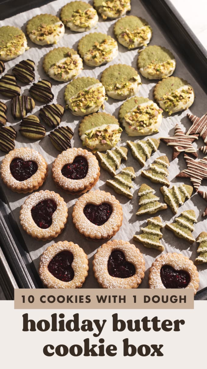Assorted butter cookies on a baking tray.