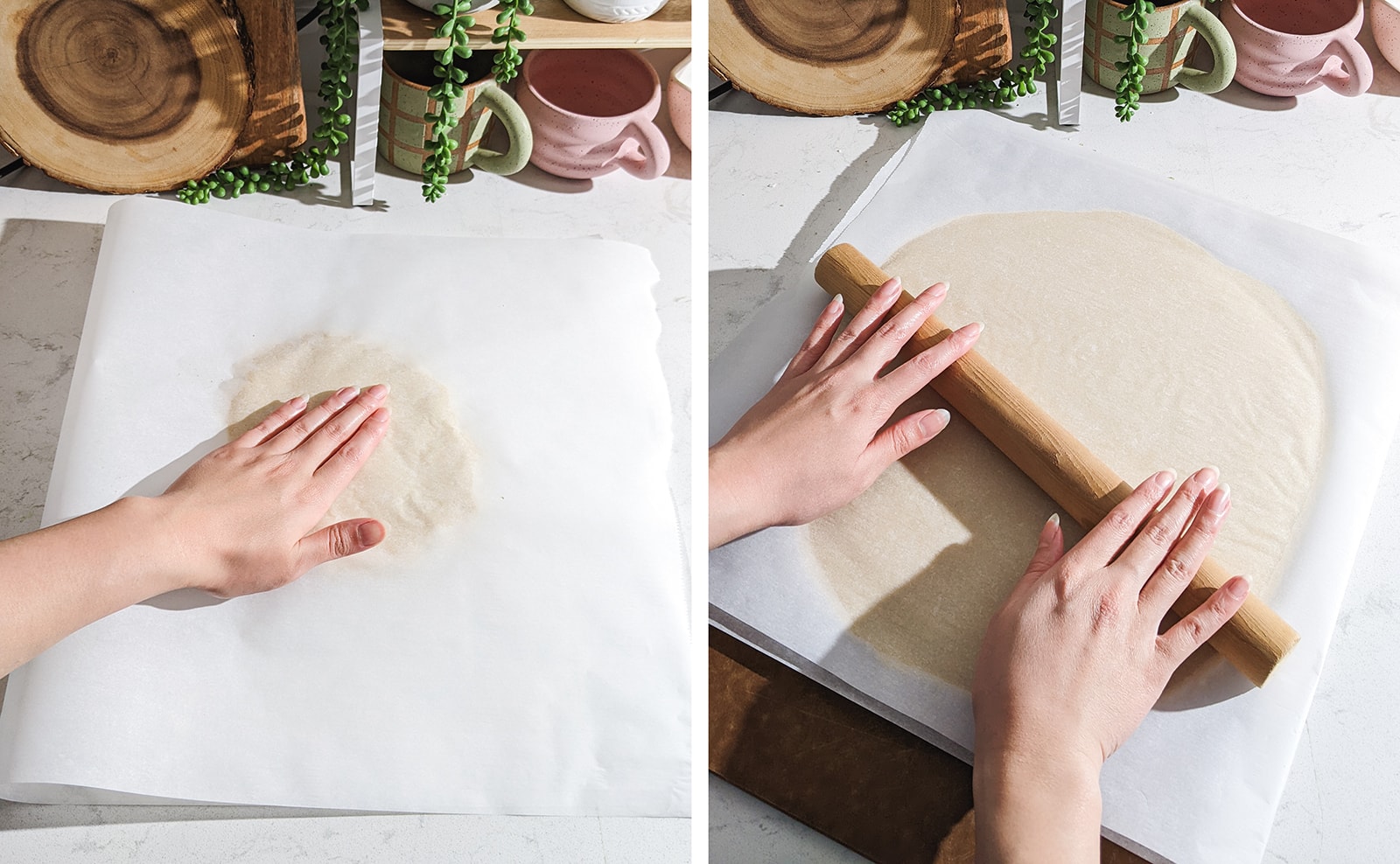Rolling out cookie dough in between parchment paper.