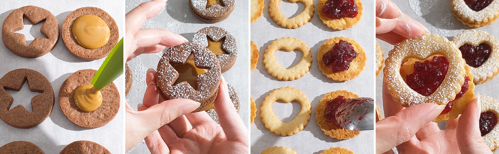 Piping filling onto cookies to make sandwich cookies.
