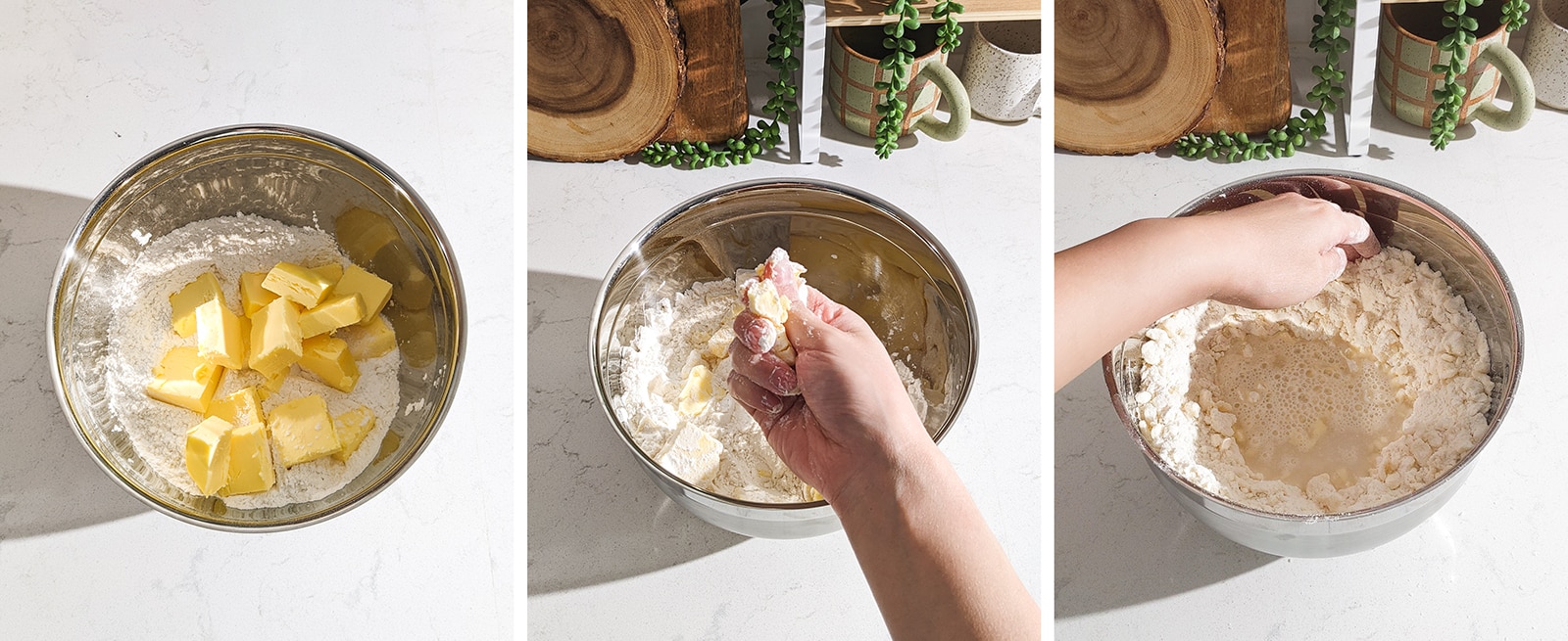 Pressing butter into small pieces in a bowl of flour.