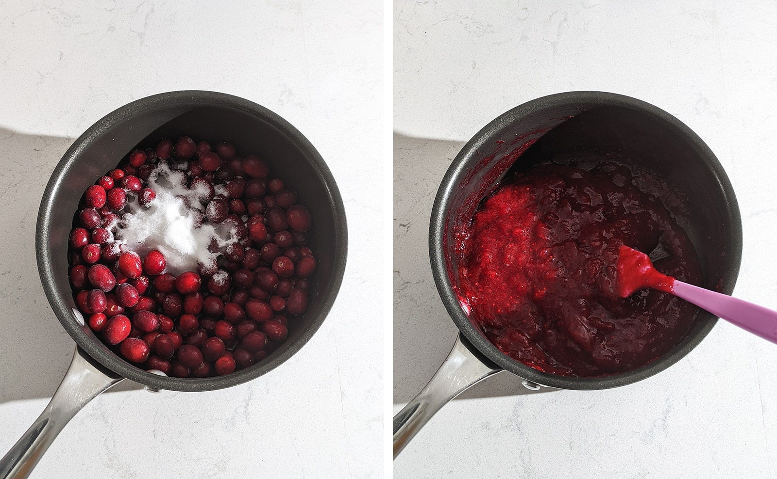 Cooking cranberries and sugar into cranberry sauce in a pot.