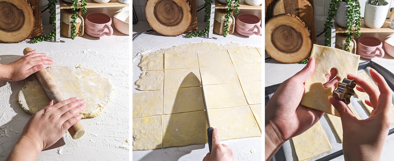 Rolling and slicing pie dough into rectangles.