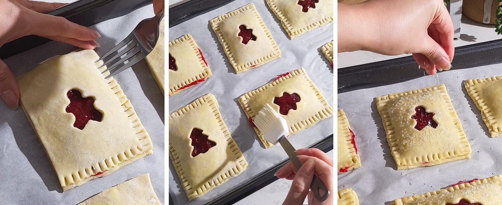 Brushing egg wash on hand pies and sprinkling with sugar crystals.