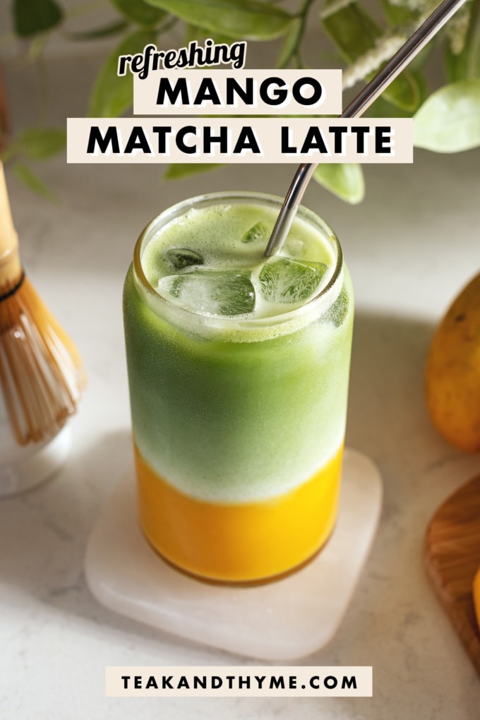 A glass of iced mango matcha latte.