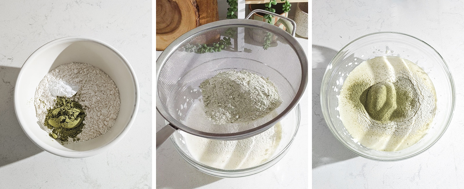 Sifting matcha and flour into egg mixture.