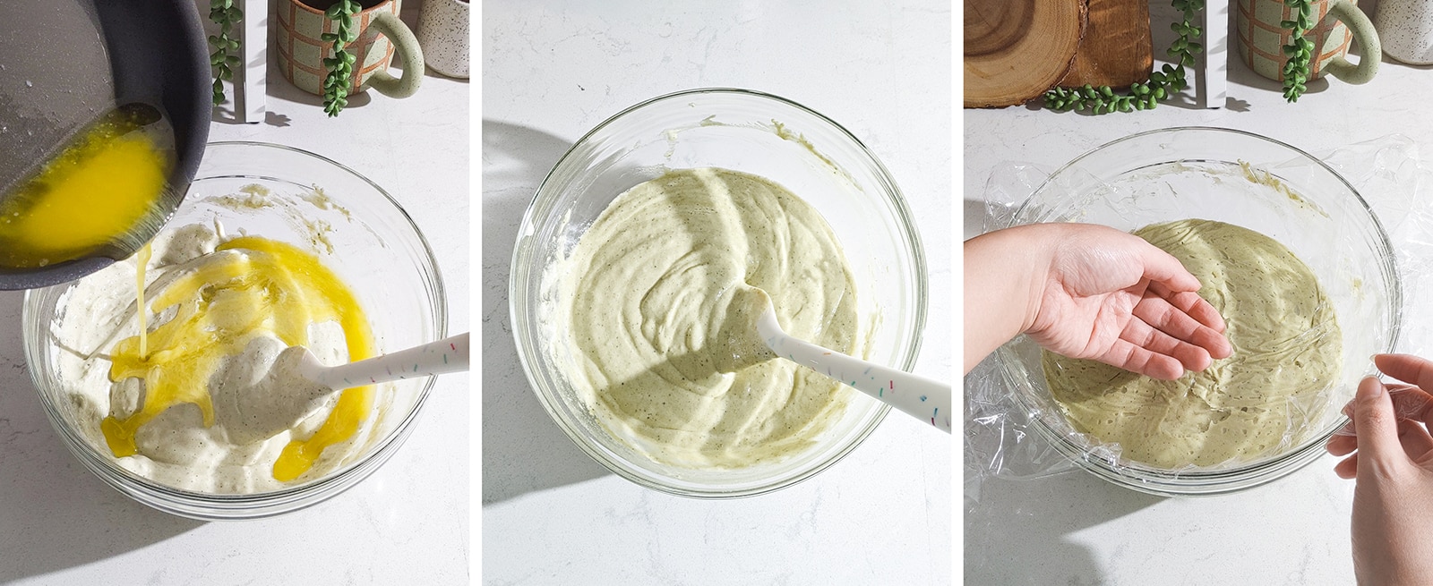 Folding melted butter into madeleine batter.