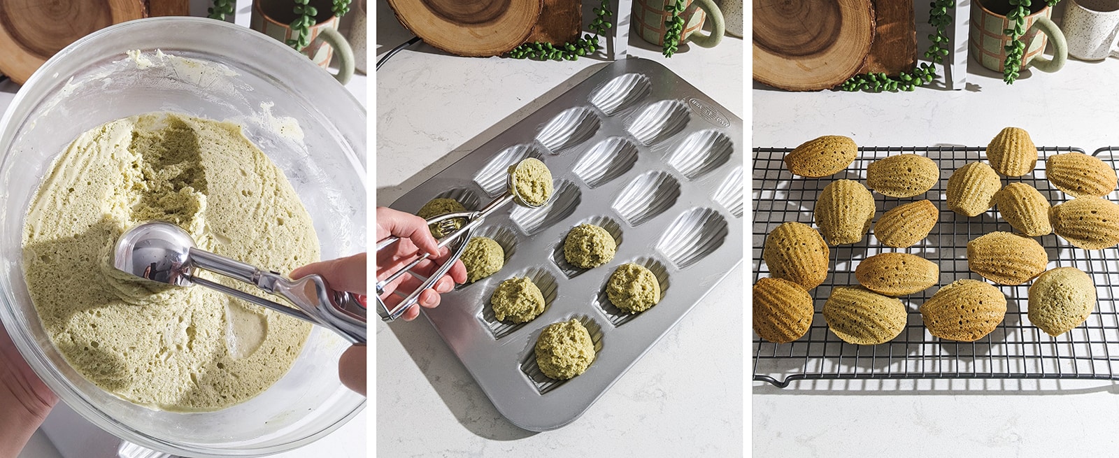 Scooping out batter into a pan and baked madeleines on a wire rack.