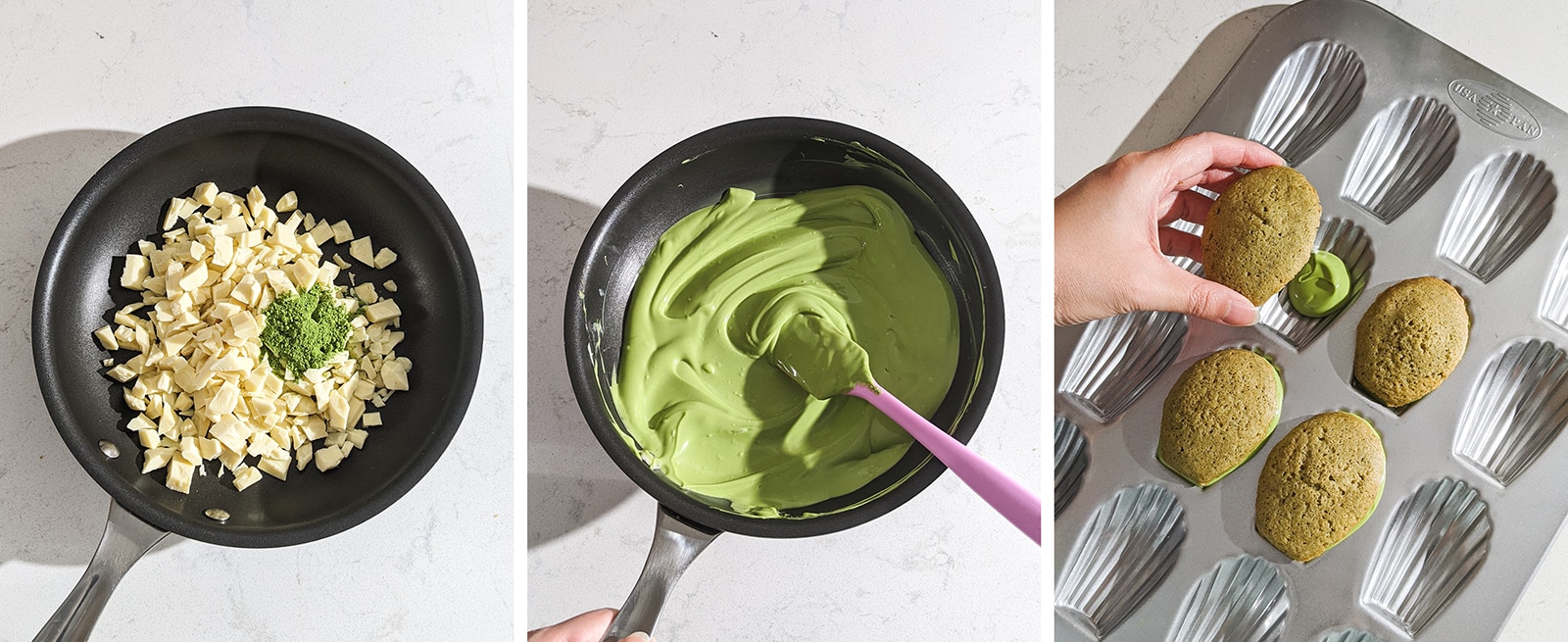 Melting white chocolate and matcha in a pan and coating madeleines with it.