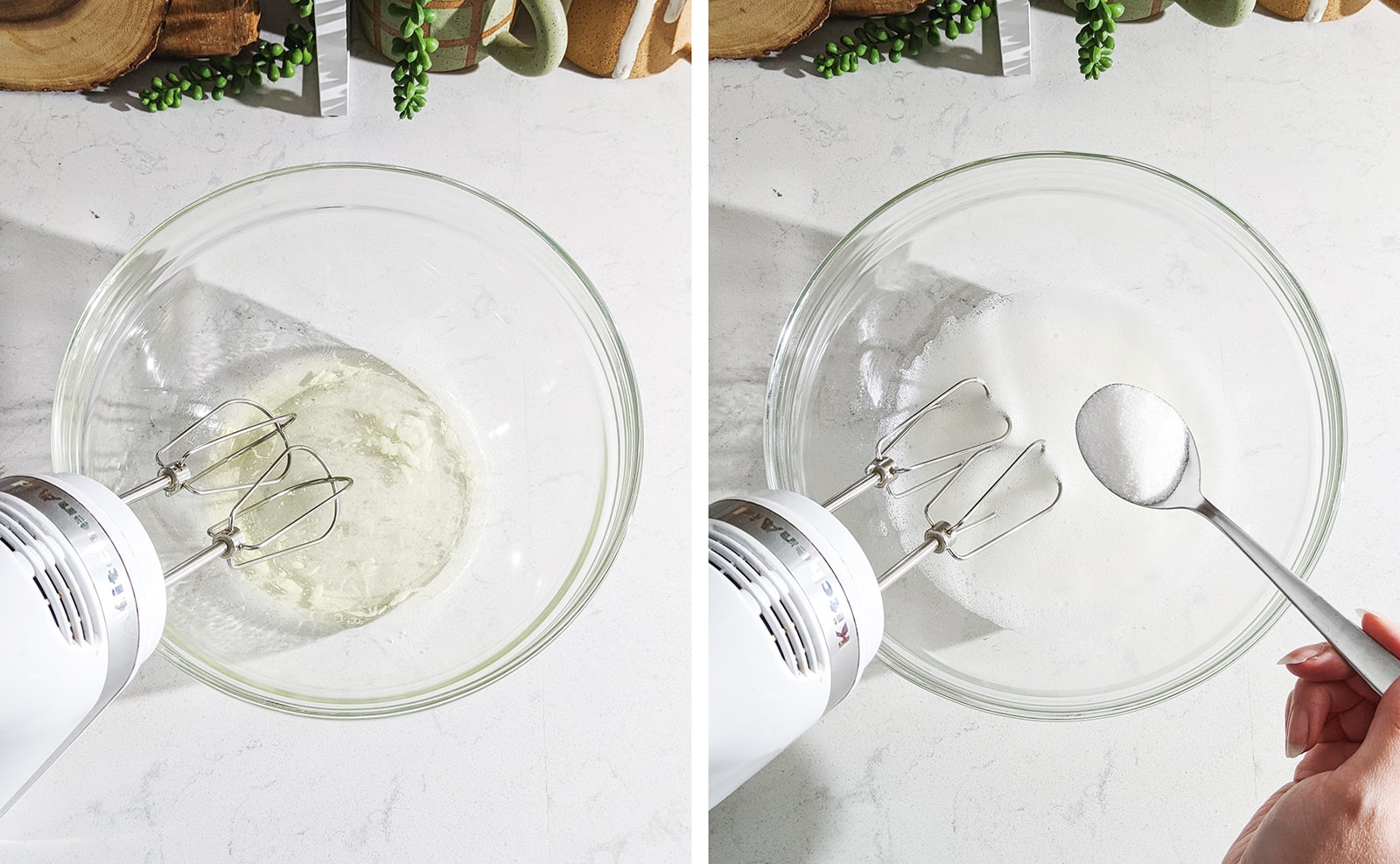 Adding a spoonful of sugar to egg whites and mixing with hand mixer.