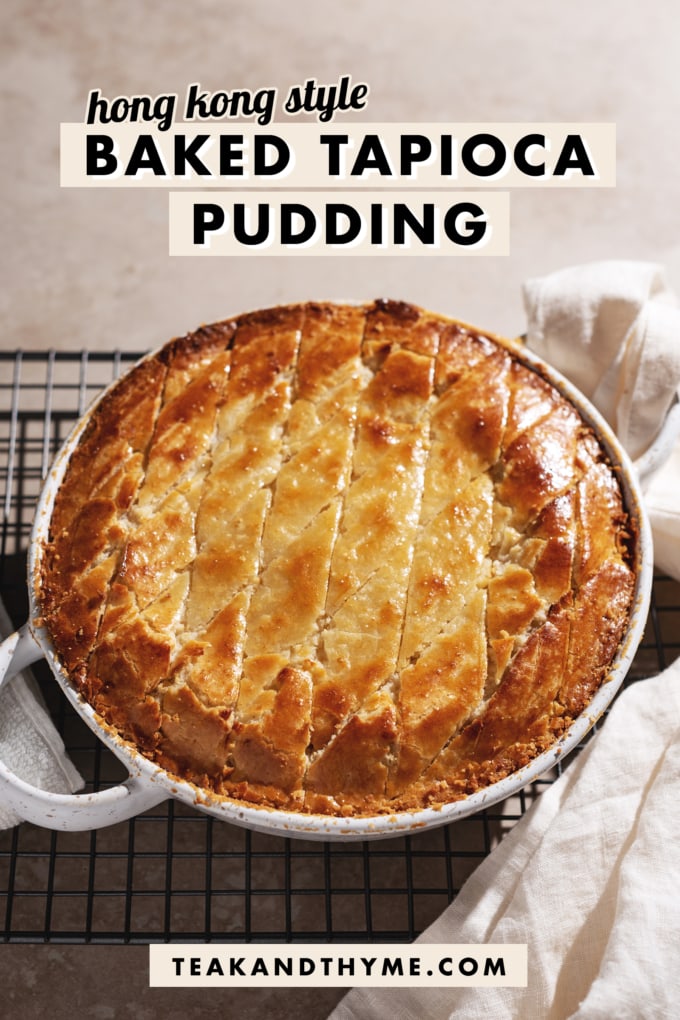 Tapioca pudding in a baking dish with golden brown pineapple bun crust on top.