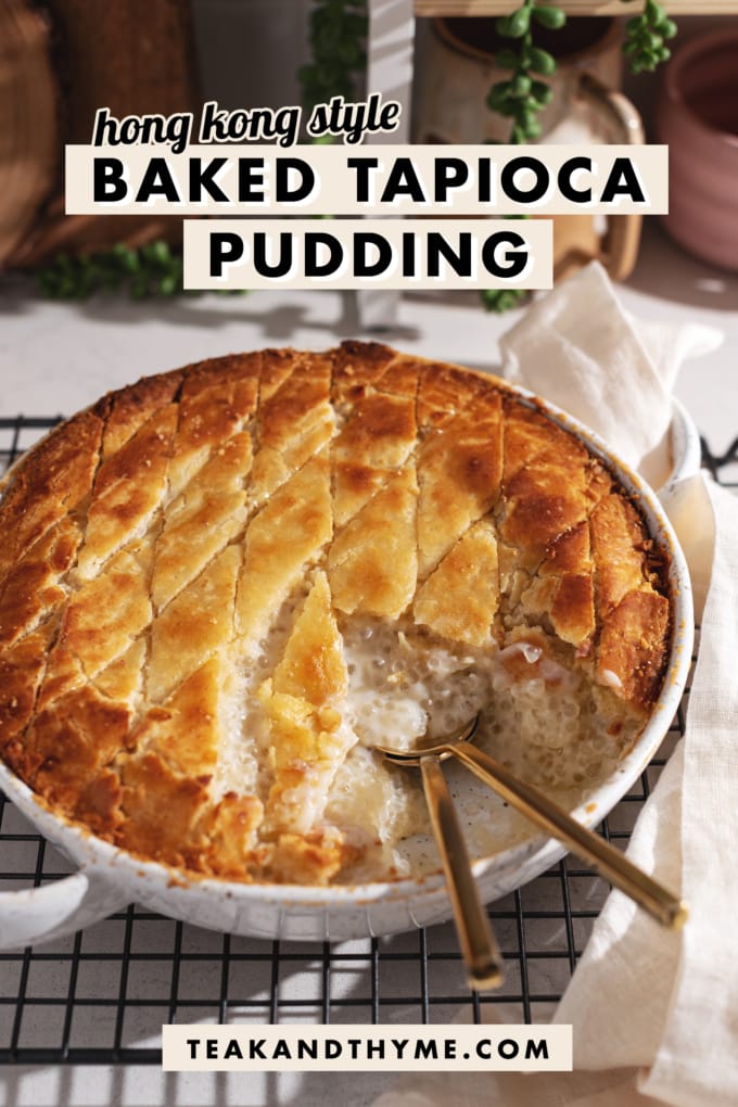 A scoop taken out of a baked tapioca pudding to show the sago pearls inside.