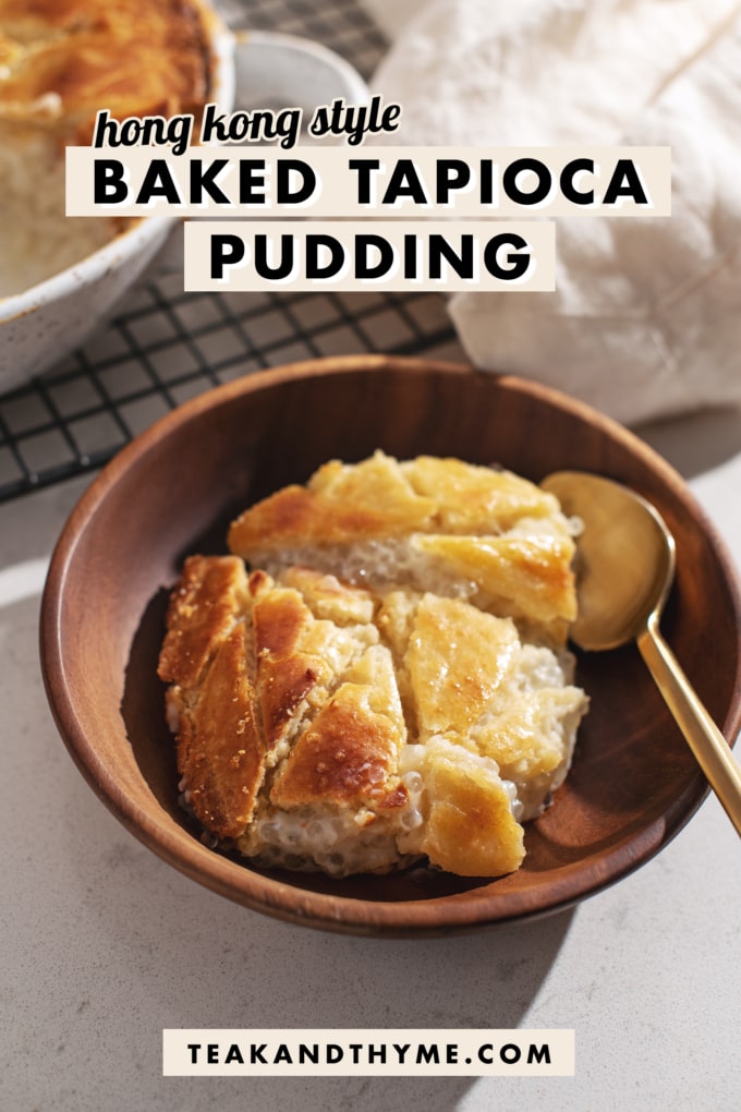 A portion of baked tapioca pudding in a wooden bowl.