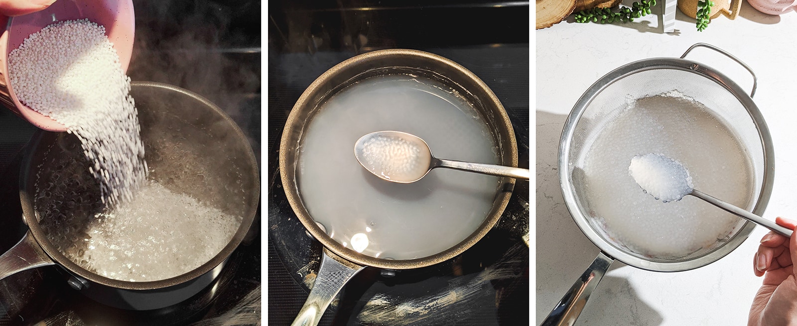 Tapioca pearls before and after cooking.